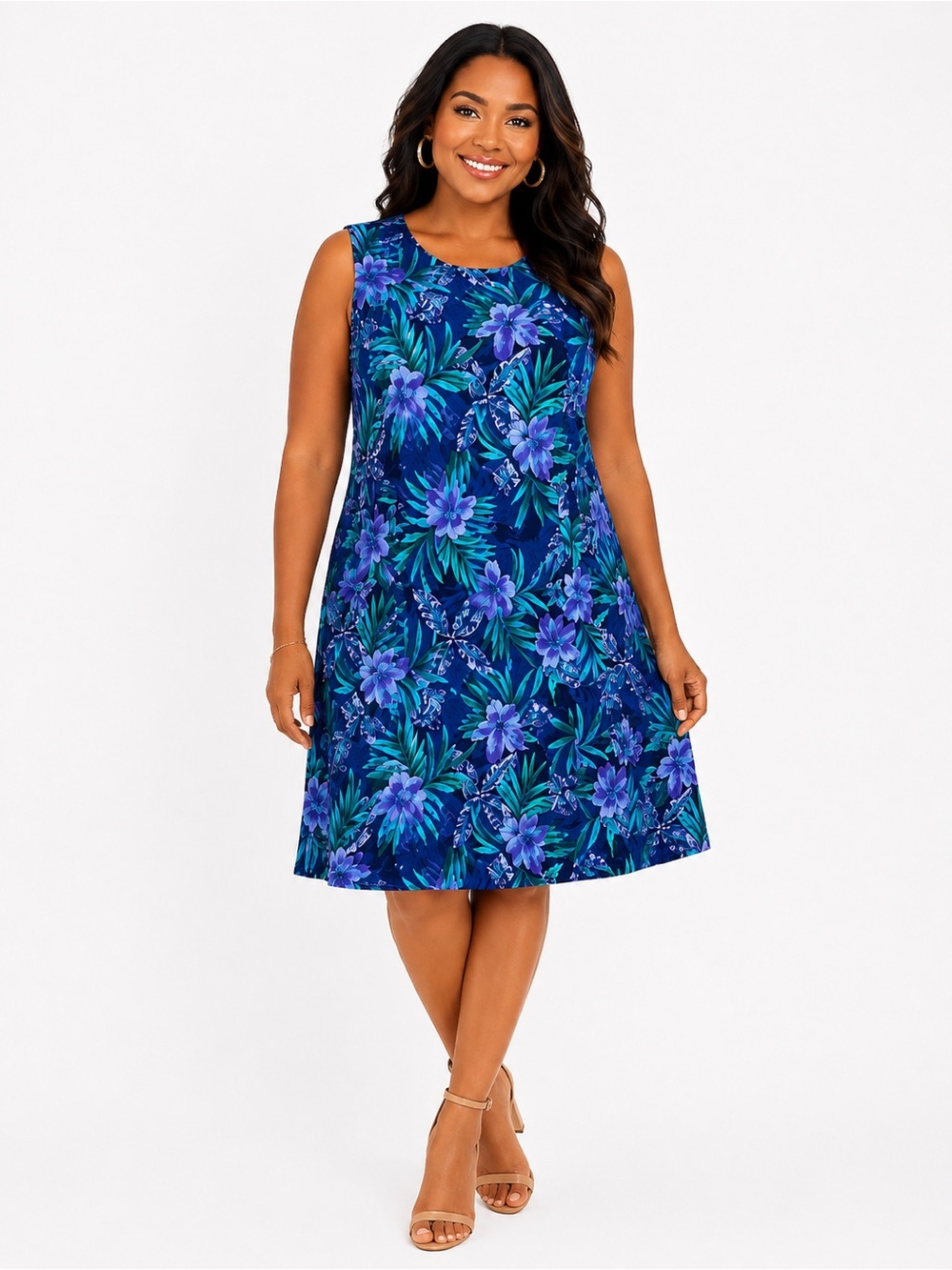 Floral Shift Dress Blue Purple Sleeveless Island Coastal Resort Plus Size 20W